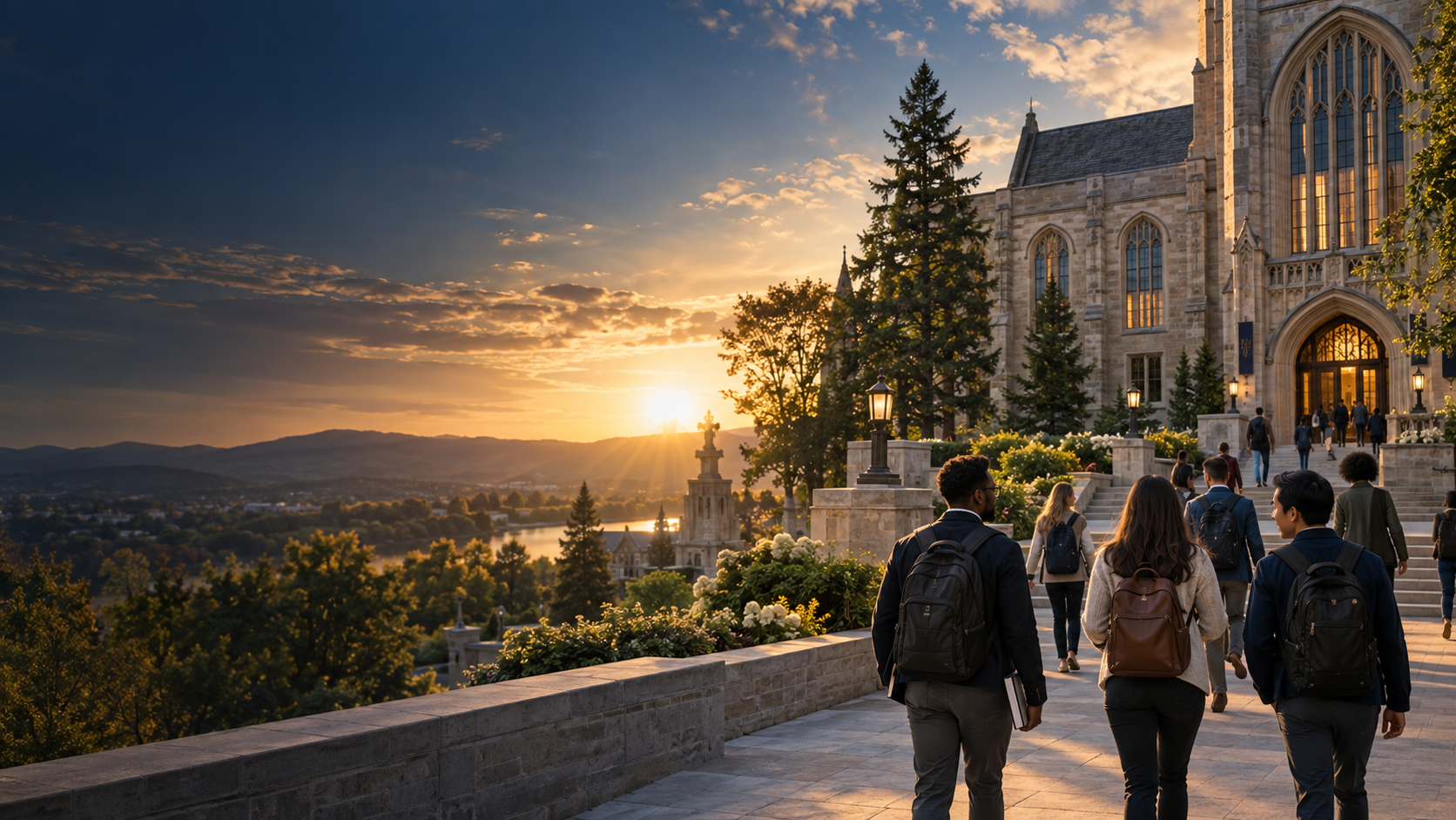 Students arriving at a university campus